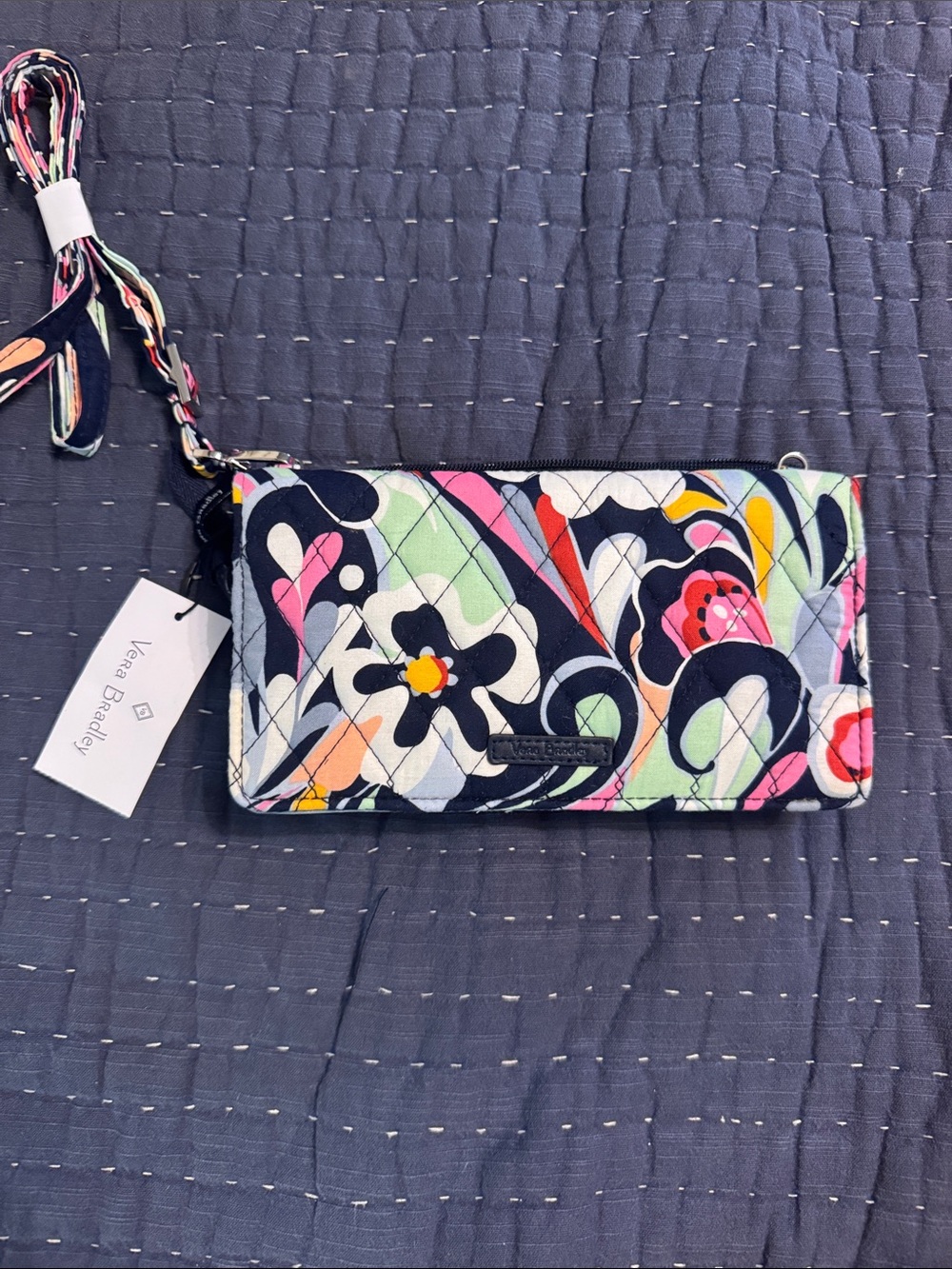 Vera Bradley Navy Floral Quilted Wristlet with Pink, Green & Yellow Accents